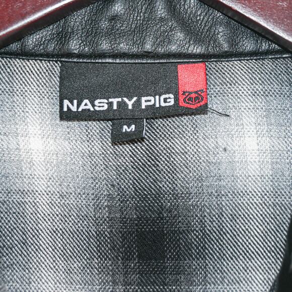 NASTY PIG Men's Button up Shirt Black Grey Plaid Faux Leather trim Sz Medium - Picture 4 of 10